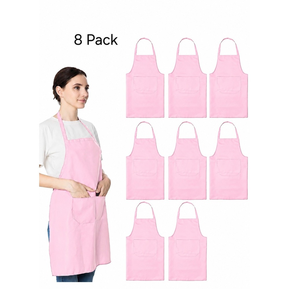 8 Pack Cotton Halter Kitchen Front 2 Pocket Light Pink Bib Apron